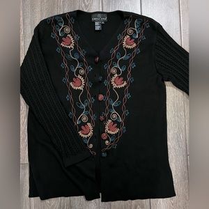 Vtg Carole Little Womens Large Black Floral Embroidered LS Wool Blend Cardigan